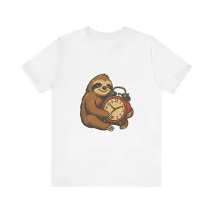 Men's sloth with alarm clock Graphic T-Shirt - Short Sleeve Crew Neck Regular Fit Casual Wear | Soft & Breathable Fabric, Durable Print, Everyday Comfort, Machine Washable, retro casual, humorous, nostalgic
