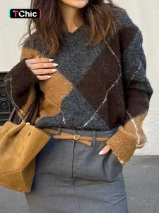 Fashion Casual Argyle Knit V-Neck Loose Long Sleeve Sweater, Fitted Short Style for Fall, Women's Comfortable Pullover