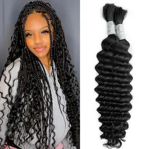 26 28 Inch Human Braiding Hair For Boho Braids 200g 300g Deep Wave Boho Hair For Braiding Knotless Brazilian Hair Extensions Bulk Bohemian (2 Bundles/Pack=100g ) Natural Color