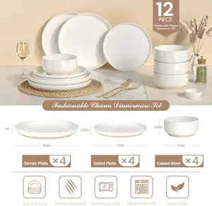 Plates and Bowls Sets, Dinnerware Sets for 4, 12 Pieces Scratch Resistant Dishware Dishes Set, Ceramic Kitchen Dinner Set, Porcelain & Microwave and Dishwasher Safe, Cream White