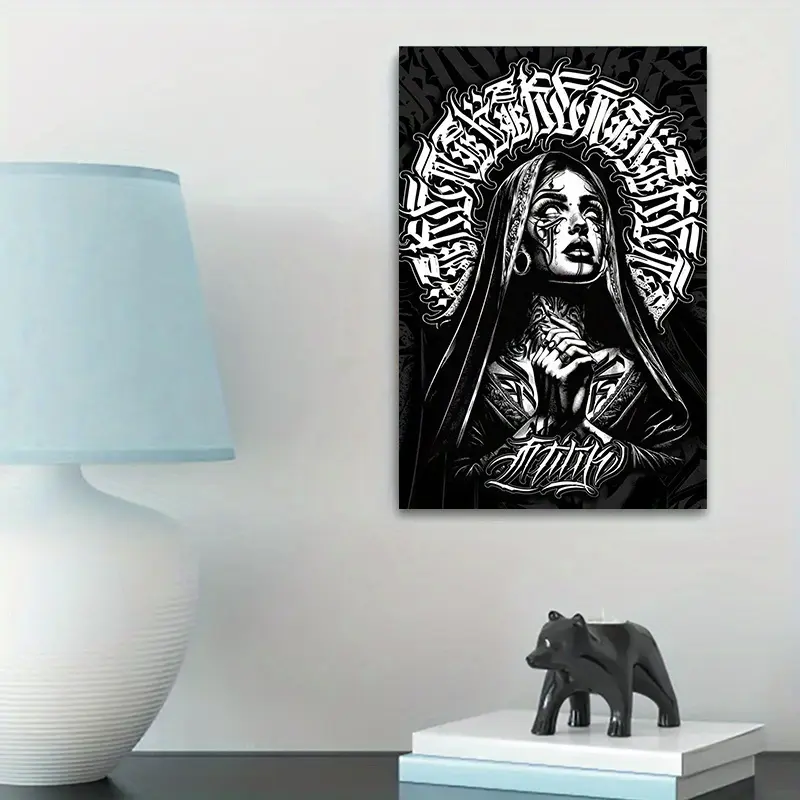 2D Flat, 2D Flat, 1pc 2D Gothic Style Black And White Tattoo Art Decorative Print - A Wall Hanging That Exudes a Thrilling And Mysterious Vibe, Measuring 12X18 Inches. This Vintage-Style Print Is Perfect for Wall Decoration in Bedrooms, Living Rooms
