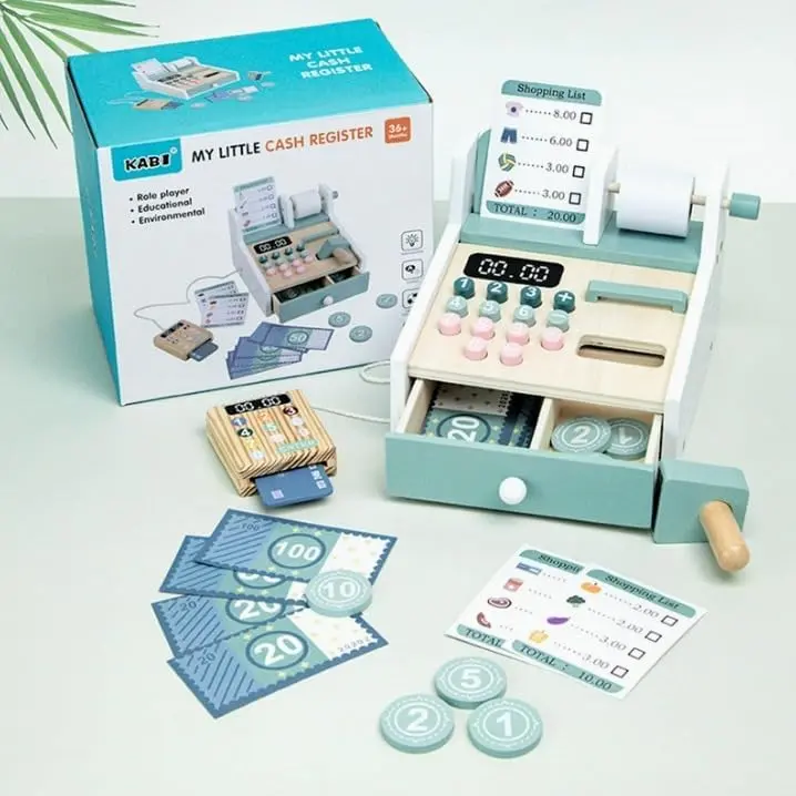 Montessori Wooden Cash Register Toy, Pretend Supermarket Play Set (Ages 3+)