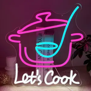 Let's Cook Neon Restaurant Decor Sign, Neon Lights, Kitchen LED Neon Wall Art Decorative Wall Light for Restaurants, Kitchens, Shops, Snack Bars, Food Stores, Party Businesses，5vUSB adjustable switch/Non-electric/Gift box packaging.