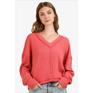 Women's Casual Comfy V-Neck Ribbed Knit Top in Coral