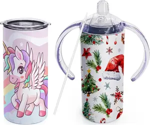 ZREGGUR 1Pack 12 Oz Customized Kids Stainless Steel Sublimation Blank Insulated Tumbler - Skinny Straight Sippy Mug with Handle, Shatterproof Reusable Santa Drinkware, Portable Vacuum Flask with Splash-Proof Cover & Straw, Water Bottle with Insulation