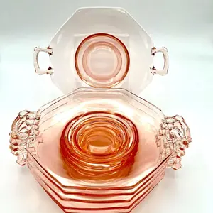 6 Pink Depression Glass Octagon Handled Plates Set Vintage Serving Dishes 9" EUC