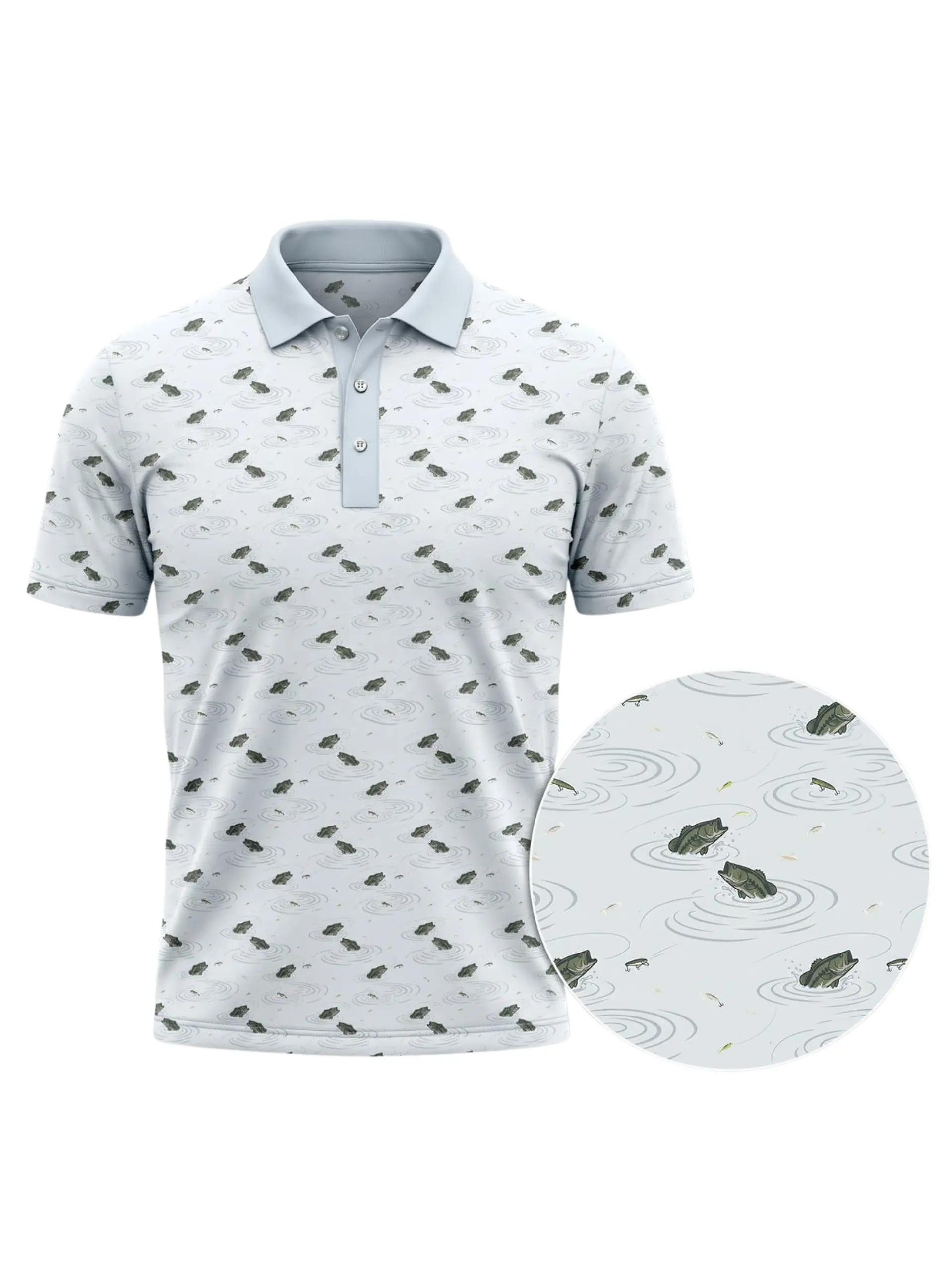 Men's Bass Fishing Polo Shirt - Sublimation Printing Largemouth Bass Custom Graphics, Breathable Sporty Chic Street Style Fishing Golf Top, Fishermen Gift, Button, Short Sleeve, Multi-Size, All Over Print, Branded Apparel, 3Xl, Casual Business, Cold Wash