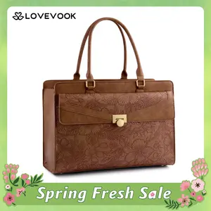 LOVEVOOK Laptop Tote Bag for Women - PU Leather Vintage Work Tote Bag,Waterproof Business Teacher Bag with Large Cup Holder