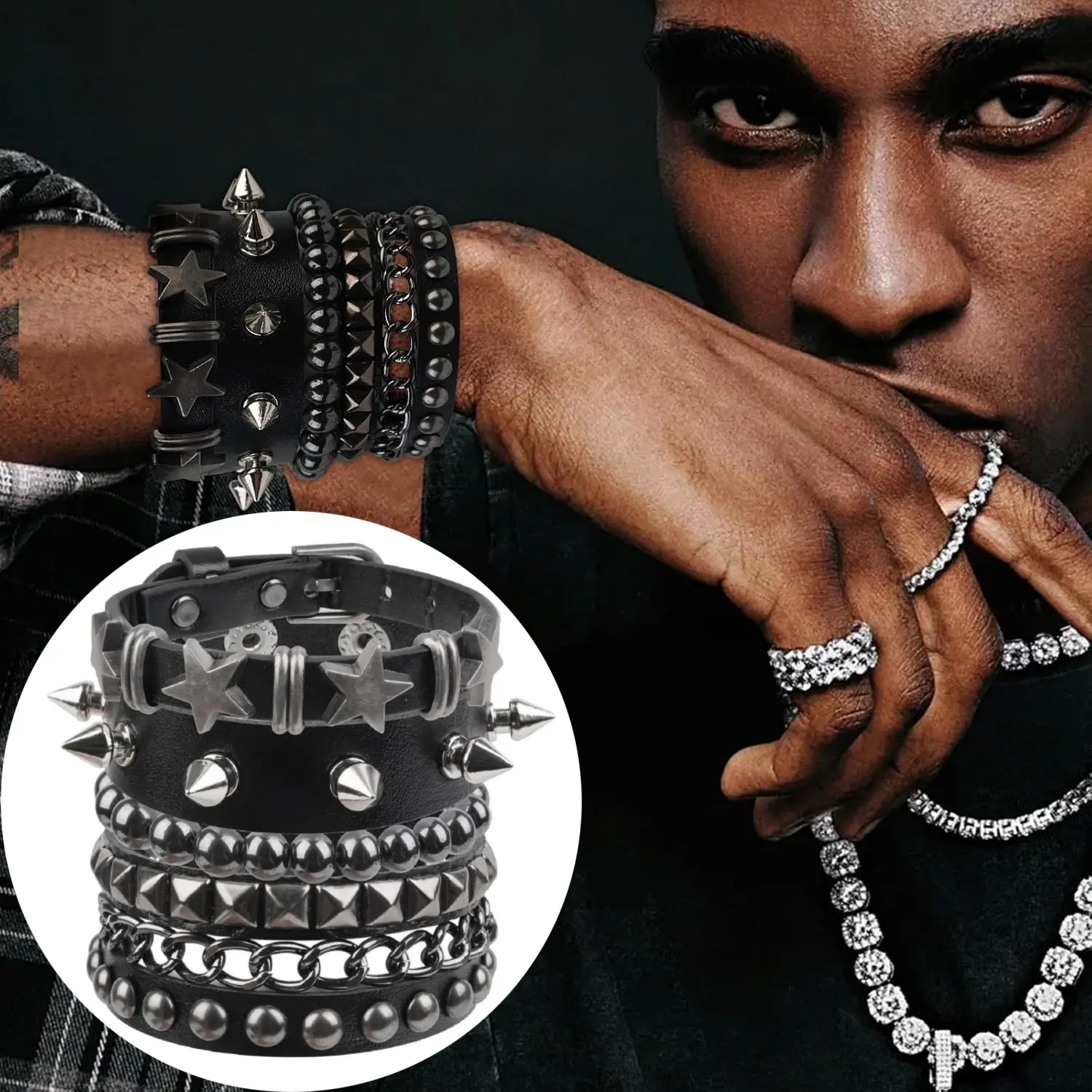 4 Pcs Punk Rock Studded Bracelet Set, PU Leather Cuff 