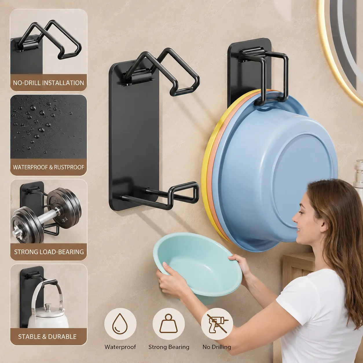 1 Count Punch-free Wall Mounted Basin Hanger, No Drilling Bathroom Rack for Hanging Washbasins and Saving Wall Storage Space