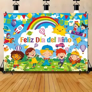 1pc Feliz Dia Del Nino Banner - Spanish Youngsters's Day Photography Backdrop with Vibrant Balloons, Rockets & Flowers, 59.6x39.4 Inch Durable Polyester Fabric for Birthday Parties, School Events