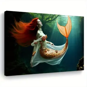 2D Flat Surface, 1 Piece Crystal Clear Sea Water Charming Mermaid Canvas Wall Art - Wooden Frame Underwater Scene, Bright Red Hair and Gold Embellishments, Living Room, Bedroom, Kitchen Ready-to-Hang Home Decoration, Ideal Gift for Her or Him, Mermaid Dec