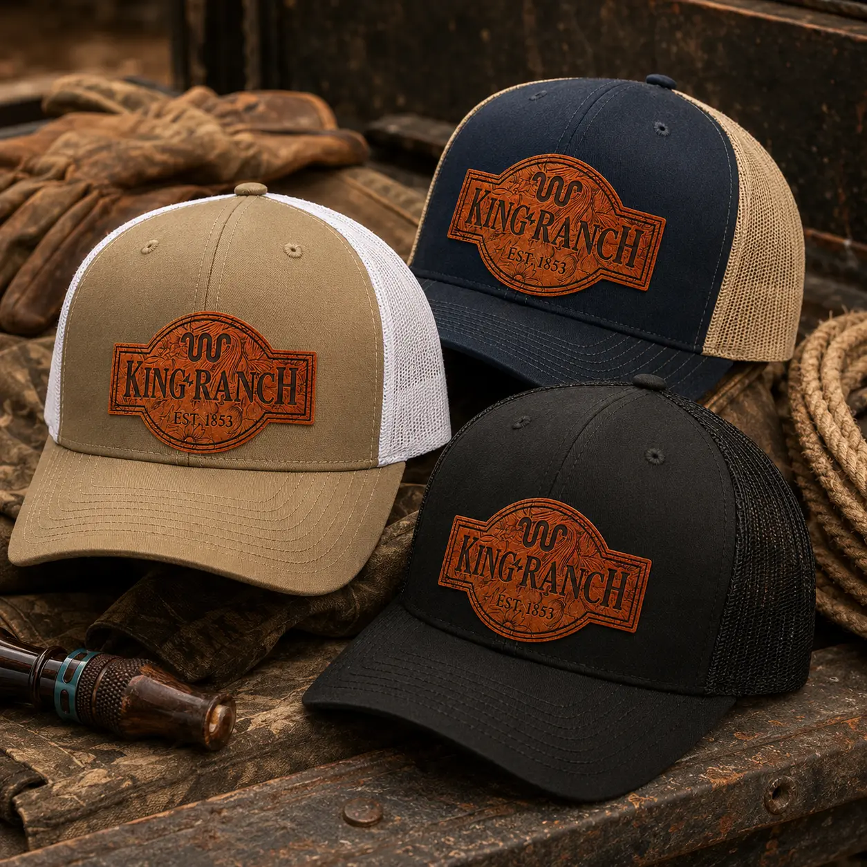 King Ranch Richardson 112 Trucker Hat, Western Leather Patch Cowboy Cap, Country Ranch Gift for Him, Mesh Snapback Hat