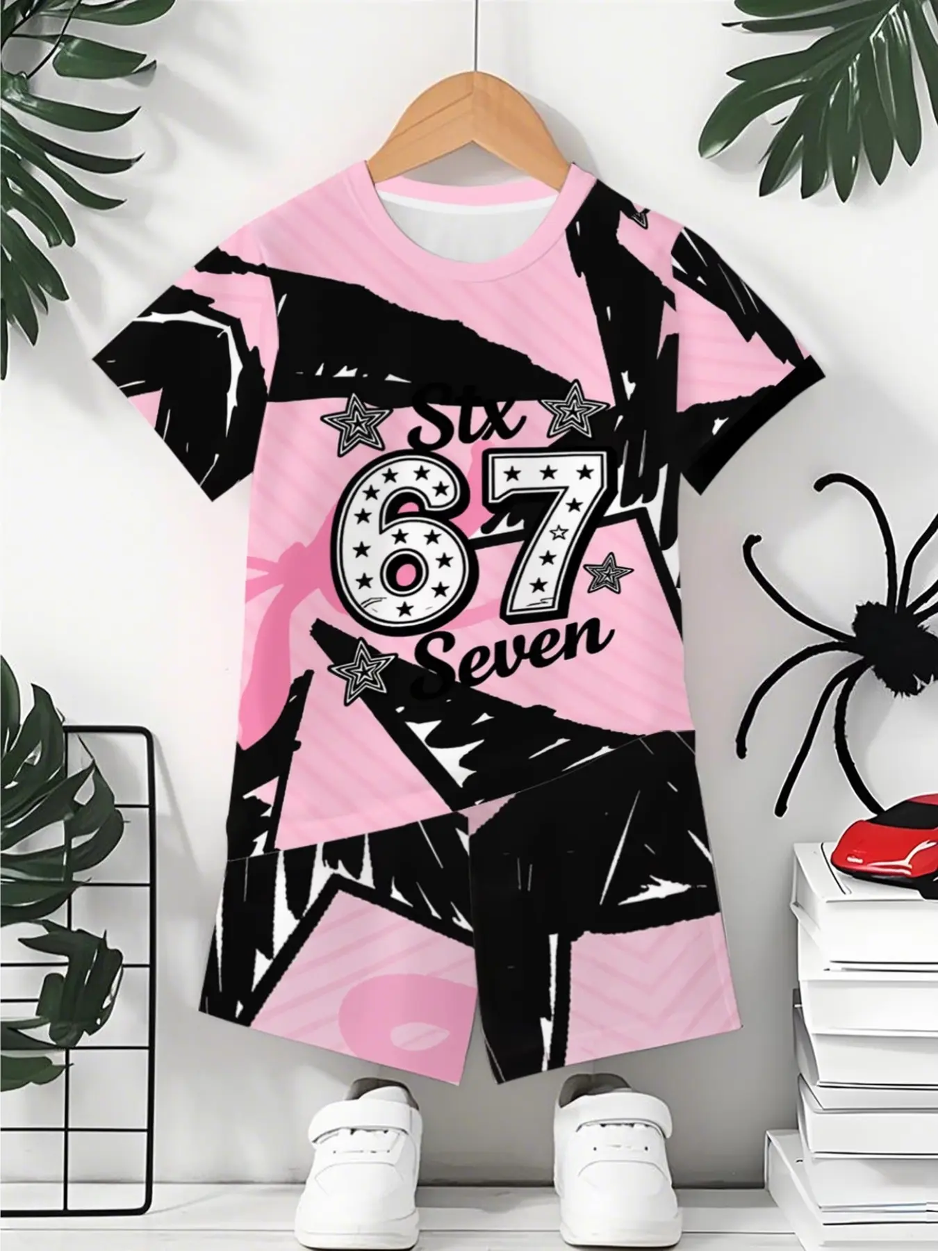 Boy's Casual Short Sleeve Shorts Set, Outfits Set, Fashion Digital and Letter Print, Elastic Waist, School/ Multi-Scene Wear