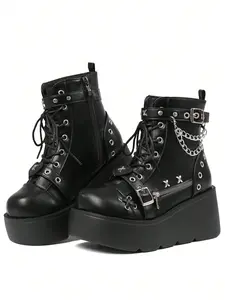 Gothic Style Platform Cosplay Women's Mid-calf Wedge Boots with Chain Detail for Cosplay & Casual Wear Comfortable Motorcycle Boots for Events