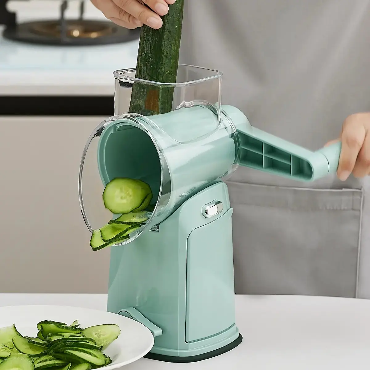 5-in-1 Rotary Cheese Grater & Vegetable Chopper with Suction Base,Stainless Steel Blades & Safety Handle - for Cheese, Vegetables, Fruits, and Shredding Chicken, Fruit Vegetable Slicer