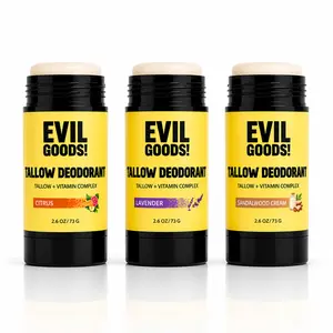EVIL GOODS! 3-PACK Natural Tallow Deodorant 2.6 oz – Aluminum & Baking Soda Free Stick for Sensitive Skin – Grass-Fed Beef Tallow with Kaolin Clay & Vitamin E