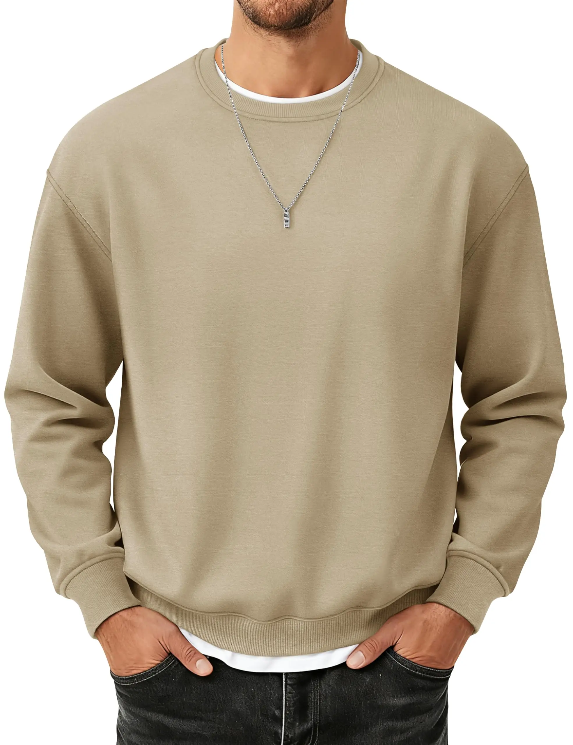 Men's Long Sleeve Crew Neck Fleece-Lined Sweatshirt, Warm Winter Pullover Tops for Casual Daily Wear, Hiking & Light Outdoor Activities