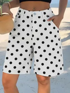 Women's High-Waisted Straight Leg Polka Dot Denim Shorts, Womenswear, Casual Versatile Vacation Style, Perfect Fit for All Body Types, Ideal for Daily Outings