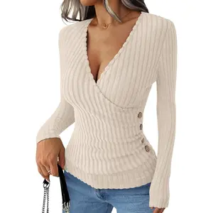 Long Sleeve Shirts for Women Sexy Sweater V Neck Ribbed Knit Slim Fit Wrap Top 2025 Fall Casual Fashion Clothes