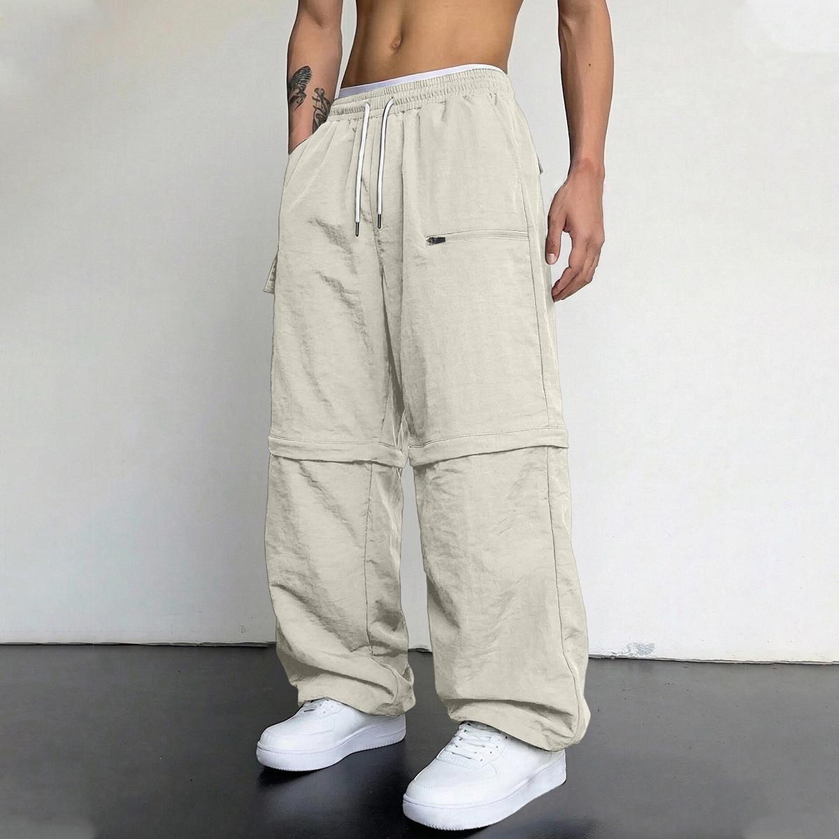 Men’s casual loose cargo pants; practical men’s cargo trousers; versatile two-way wear; straight-leg cargo long pants Menswear Streetwear Pocket Beige Athletic Stylish Dark Gray