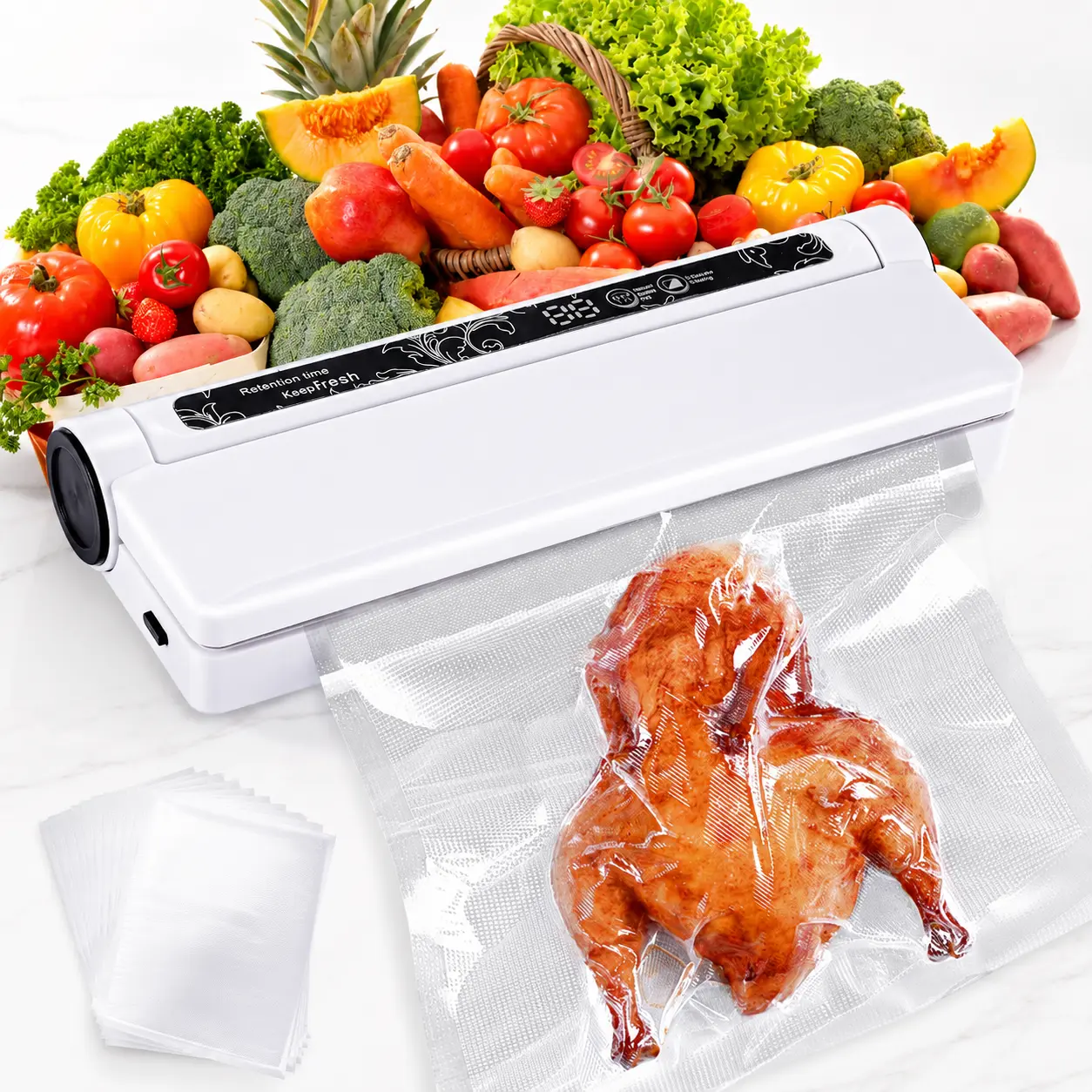 75 kPa Food Vacuum Sealer, Powerful Suction, Dry/Wet Modes for All Food Needs, Low-Temperature Slow Cooking, Countdown Timer, Lightweight and Portable, Includes 20 Sealing Bags, Kitchen Appliances