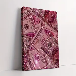 1 Piece Pink Glitter Money Canvas Wall Art - Sparkling Dollar Bill Design, 1.5inch Thick Frame, Home Decor for Bedroom or Living Room, Perfect Gift Idea, Cute Room Decoration, 2D, Perfect for Room Decoration