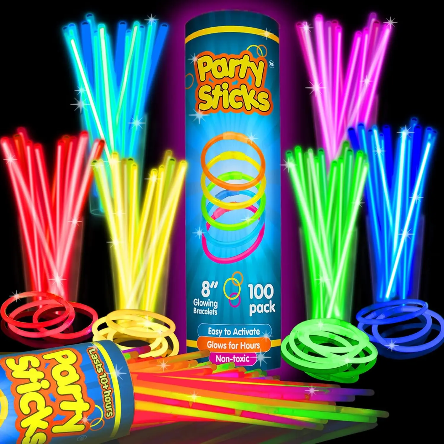 Glow Sticks Party Supplies 100pk - 8 Inch Glow in the Dark Light Up Sticks Party Favors, Glow Party Decorations, Neon Party Glow Necklaces and Glow Bracelets with Connectors