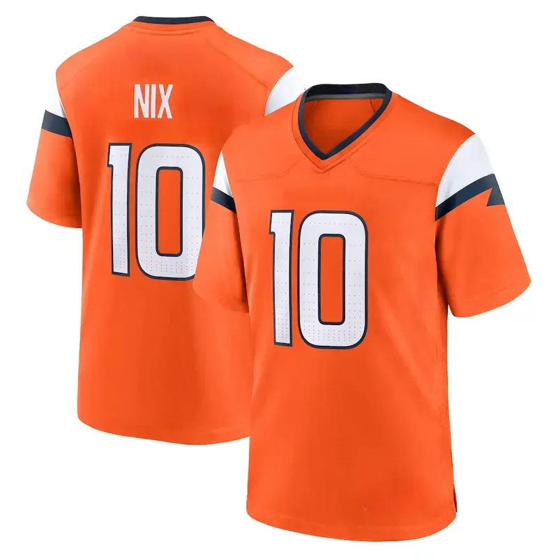 Football Jersey For Men - #10 Nix Geometric Shoulder Panel Blocks Print Bright Orange Body Navy White Accent, Short Sleeve Gameday Apparel