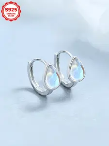 Elegant S925 Silver Moonstone Accent Drop Design Dangle Hoop Earrings, Hypoallergenic Drop Earrings for Women Daily Wear, Perfect Gift for Birthdays & Holidays