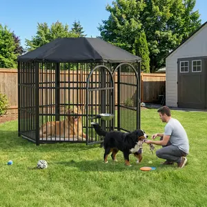 Heavy Duty Outdoor Dog Kennel with Waterproof Roof, Galvanized Metal Dog Crate Outside Enclosure, Hexagonal Pet Playpen with Lock for Large Dogs, 4.7x4.2x4 FT, Black Collapsible Wagon Cart