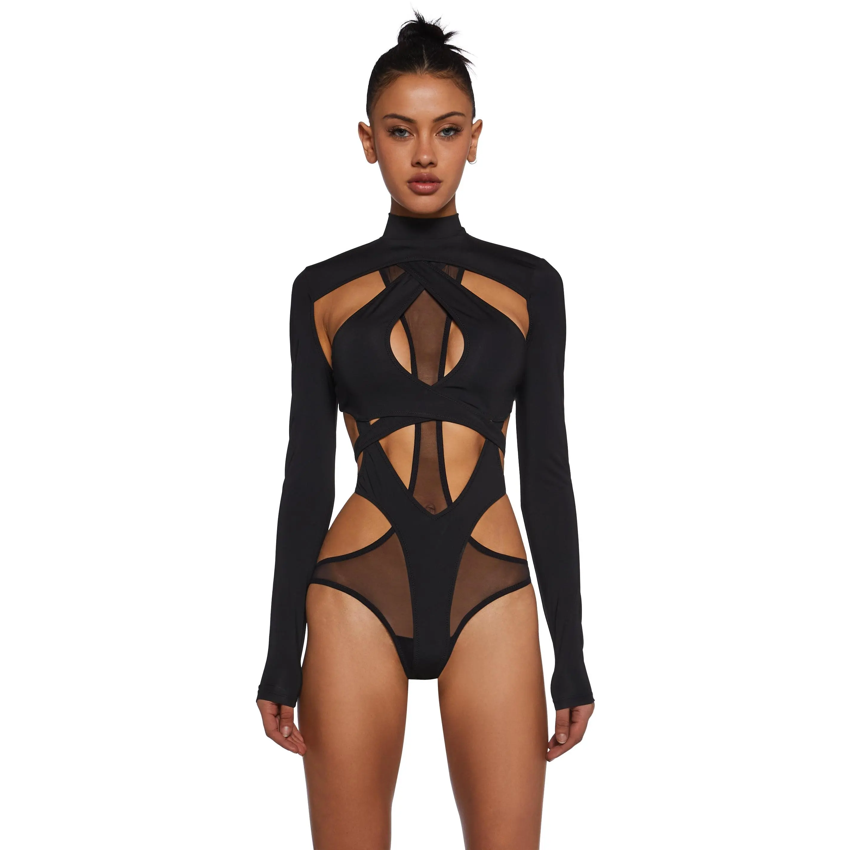 Flanger Strappy Spandex And Mesh Bodysuit - Black
