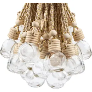 20 count 10ml Oblate Hanging  Air Freshener Diffuser,Empty Refillable Clear Glass Essential Diffuser Oil   Perfume Pendant Vials with Wooden Caps & Hanging String