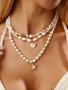 3 Piece Boho Style Metal Drip Starfish Pendant Necklace Set, Faux Pearl Beaded Shell Multicolor Layered Jewelry for All Seasons, Jewelry Accessory