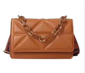 Rustic Luxe Chain Bag - Orange Quilted Design with Gold Accents and Adjustable Strap