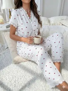 Women's Cute Floral Pajama Set Ribbed Knit Sleepwear 2 Piece Lace Trim Lounge PJs Short Sleeve V-Neck Top and Long Pants, Aesthetic, Style