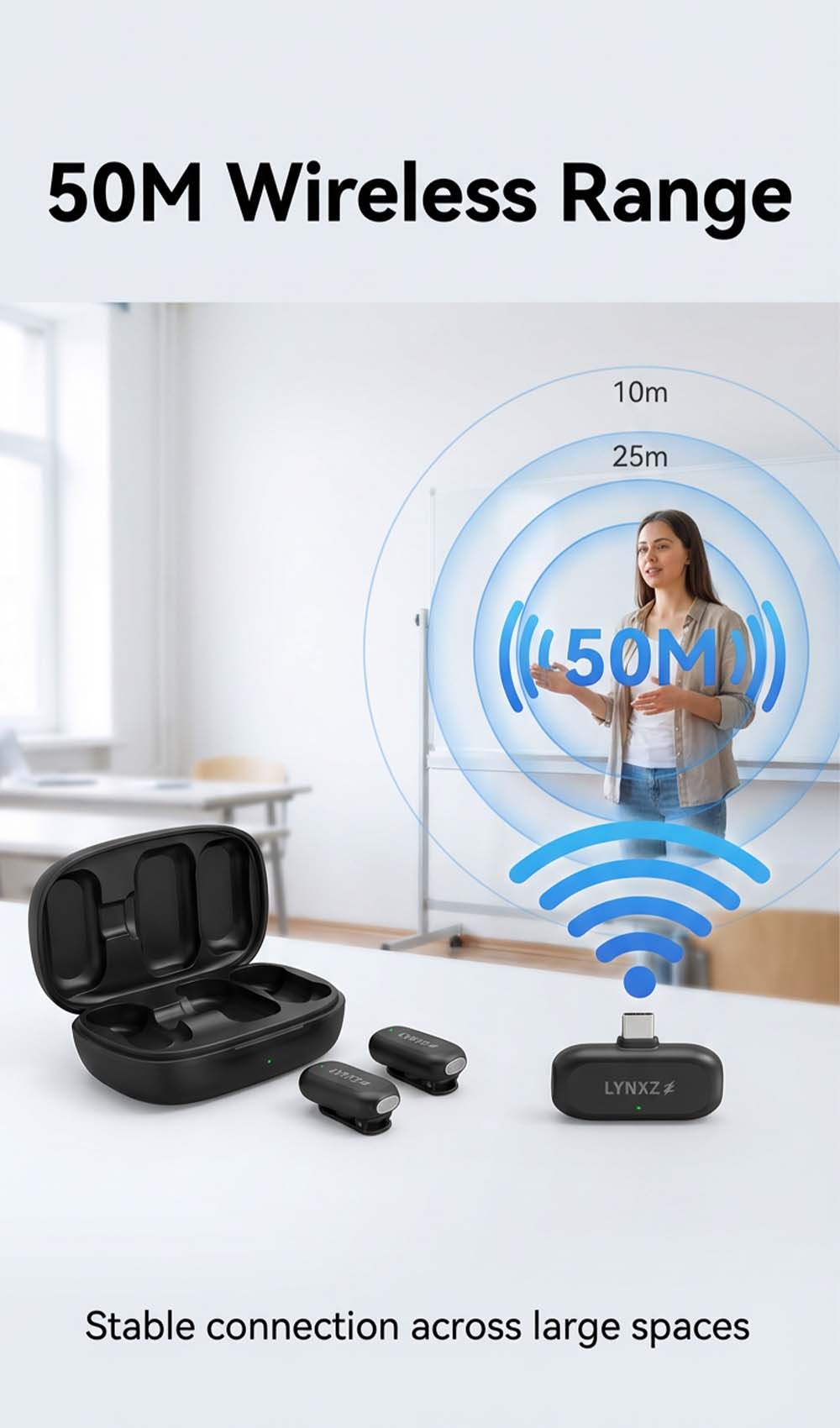 LYNXZ A8 Wireless Mini Mic | 2TX+USB-C | Magnetic | 48kHz/24bit | For iPhone 17/16/15 & Android | Vlog Podcast Streaming