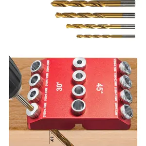 30°45°90° Angle Drill Guide Jig for hand drill, Portable angle drill guide block for straight or angled holes, pocket-hole tool set with 4 bits for holes in railing, handrails, drill press, decks