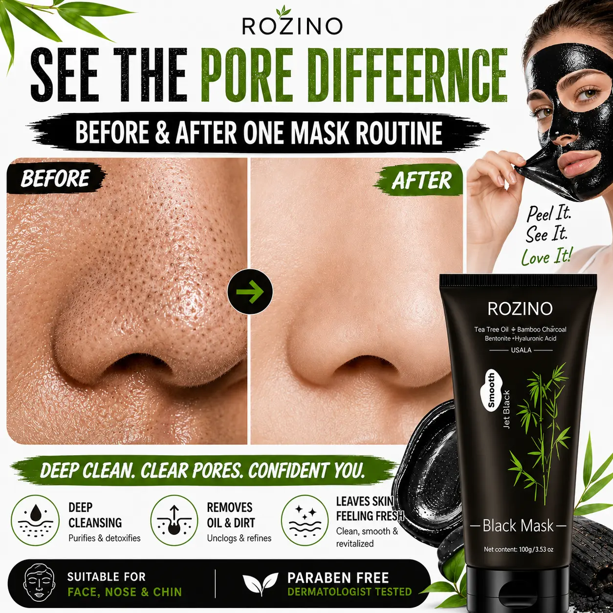 [2 Pack] ROZINO Bamboo Charcoal Peel Off Face Mask 60g - Deep Cleansing Blackhead Remover Mask, Pore Purifying Treatment with Charcoal Extract, Hydrating Skincare for Smooth & Fresh Looking Skin Daily Facial