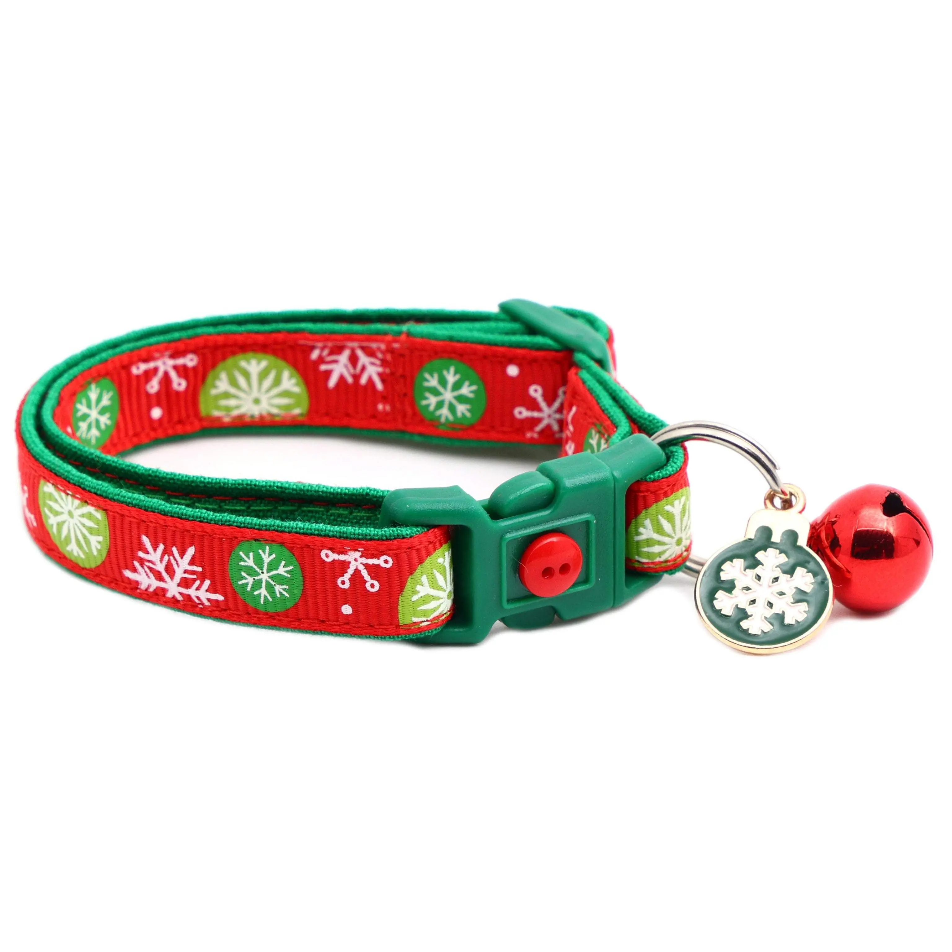 Winter Snowflake Bubbles on Red Breakaway Safety Cat Collar with Jingle Bell & Ornament Charm by Pugs2Persians Christmas Holiday