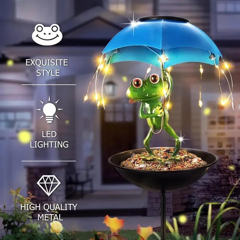 Solar LED Frog Umbrella Light with Bird Feeder, Outdoor Garden Decoration, Garden Decorative Lighting, Weather-Resistant Metal Design, Crystal Decor, Yard Enhancement
