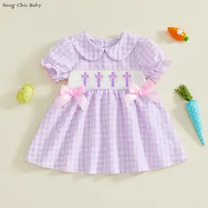 Easter plaid dress for girls - Purple plaid pleated cross-stitch dress with Peter Pan collar, puff sleeves and pink bow decoration, cute toddler Easter set (1-6 years old)
