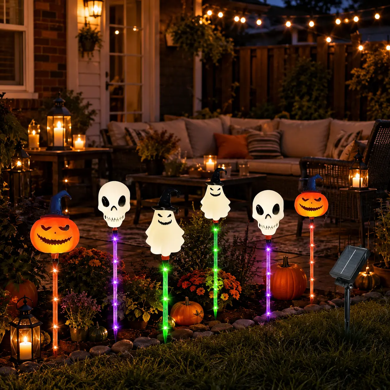 Halloween Solar Path Lights Set (6-Piece) - Outdoor Ghost Faces, Skeleton, Pumpkin Spooky Shapes with Plastic Frame, 8 Lighting Modes, IP65 Waterproof for Lawn, Sidewalk Home & Halloween Decorations