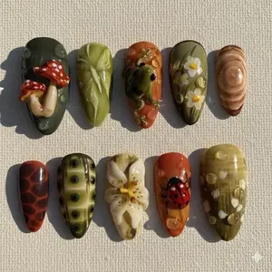 Forestcore Dream Press-On Nails | 3D Frog & Mushroom Art | Cottagecore Nails | Holiday | Winter Gifts