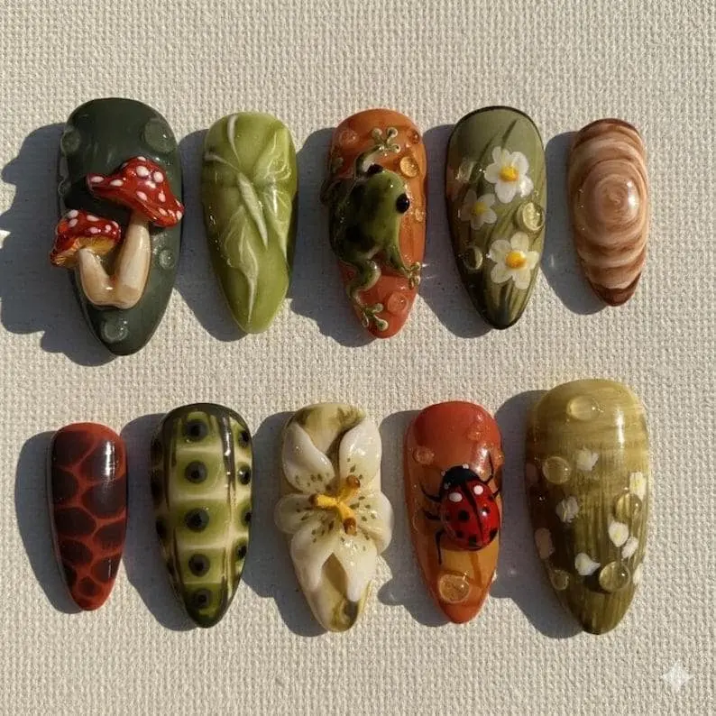 Forestcore Dream Press-On Nails | 3D Frog & Mushroom Art | Cottagecore Nails | Holiday | Winter Gifts