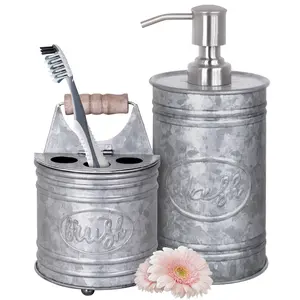 Autumn Alley 2-Piece Galvanized Rustic Bathroom Accessory Set with Soap Dispenser, Toothbrush Brush Holder - Farmhouse Bathroom Accessories