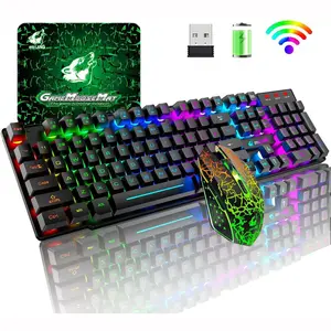 ZIYOU LANG T3 Wireless 3 in 1 Full Size 104 Keys Layout Rainbow LED Backlit Membrane Gaming Keyboard and Mouse Set 2400 DPI 7 Color Breath Backlit Free Gaming Mousepad Rechargeable for PC Laptop Mac