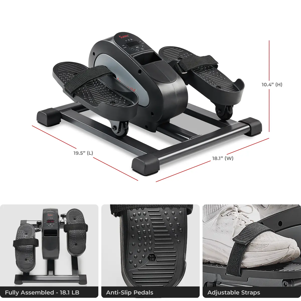 Sunny Health & Fitness Motorized Mini Elliptical with 18 Speed Levels & Remote Low Impact Exercise for Seniors Underdesk Fully Assembled Anti-Slip Pedals
