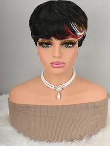 Short Pixie Cut Wig with Multicolor Streaks, Synthetic Hair, Ready-To-Wear, Curly, All Seasons, Wigs with Hats