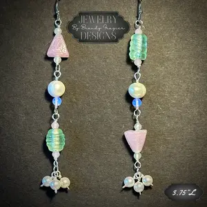 Brandy Frazier Handmade Beaded Wire Earrings with Pink, Opalite, and Glass Beads - Hypoallergenic Silver Plated Ear Wires